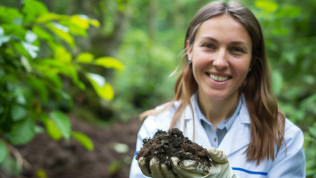 Smiling Environmental Scientist with Samples: A Cheerful Researcher in Natureの素材