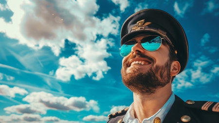 A cheerful pilot wearing aviator sunglasses and a uniform smiles against a bright blue sky with fluffy clouds. The image captures the essence of aviation and adventure.の素材