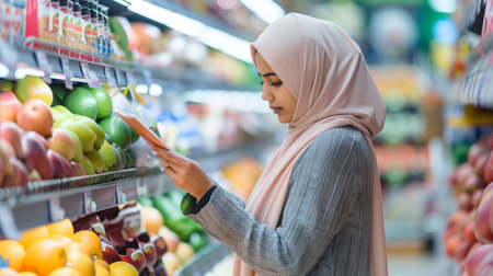 A joyful Muslim woman in a beige hijab shops for fresh produce in a supermarket, smiling warmly. The image captures the vibrant and colorful array of fruits and vegetables around her, highlighting a moment of everyday life with a positive and friendly atmosphereの素材