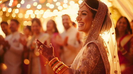A joyful bride and groom dressed in traditional Indian wedding attire share a tender moment while dancing at their reception. The scene is illuminated by warm, festive lights, with guests in vibrant saris applauding in the background.の素材