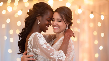LGBTQ brides cutting their wedding cake, radiating joy and love. One bride in a traditional veil, the other in a beautiful hijab, both in elegant lace gowns. A touching moment of unity and celebration. Perfect for diversity, inclusivity, and love-themed projectsの素材