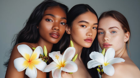 Diverse group of women portrait. Tender models of different ethnicity posing with white tropical flowers in hands. Asian, mixed race and Caucasian femaleの素材
