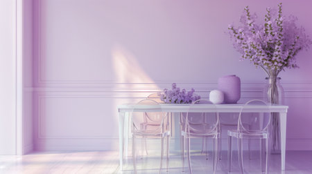 A minimalist dining area with a white tableの素材