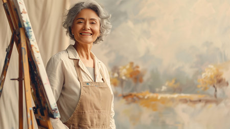 Happy mature woman with short gray hair, dressed in an artist's smoke, standing by an easel and painting a landscape.の素材