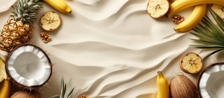 Tropical-themed flat lay featuring fresh bananas, pineapple slices, and coconut halves surrounded by flour, creating a vibrant and natural backdrop for culinary or tropical-themed projects.の素材