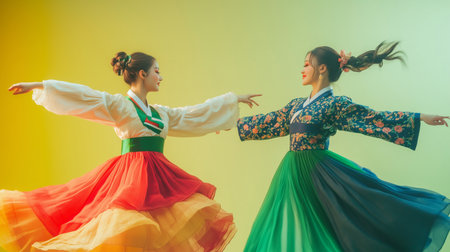 Two women dancing gracefully, wearing vibrant traditional dresses, celebrating cultural heritage. The backdrop is a gradient of warm colors, emphasizing the energy and movement of the dance.の素材