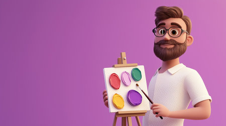 cheerful cartoon construction worker holding a paintbrush and palette, standing in front of an easel. Playful and creative art concept on a purple background.の素材