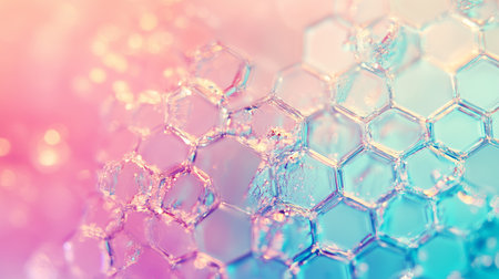 vibrant abstract pattern featuring hexagonal shapes with a colorful gradient and crystalline frost, creating a dynamic and textured visual effect.の素材