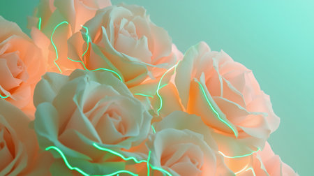 Elegant white roses with soft green neon lighting, creating a modern, dreamy floral aesthetic with a glow effect.の素材