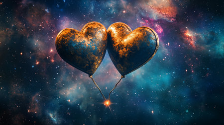Two glowing hearts floating in a cosmic space filled with stars and galaxies, connected by lines of light to distant stars, symbolizing love.の素材