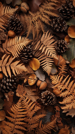 Autumnal flat lay featuring dry ferns, pinecones, acorns, and leaves in rich earthy tones, capturing the essence of the fall season's natural beauty.の素材