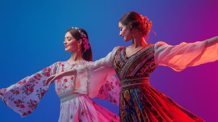 Two women joyfully dancing in vibrant traditional attire, showcasing colorful Peruvian Andean culture and heritage against a teal background.の素材