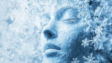 serene, icy portrait of a woman's face covered in delicate snowflakes, evoking a wintery, frosty atmosphere of calm and stillness.の素材