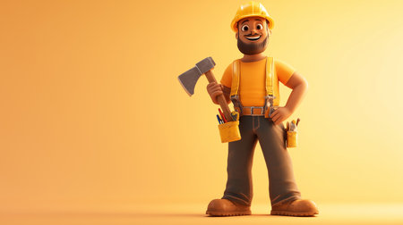 cute cartoon construction worker in a yellow hard hat, holding an ax, smiling confidently. Fun, lighthearted illustration with a yellow background.の素材
