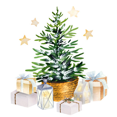Christmas tree in basket watercolor isolated with gift boxesの写真素材