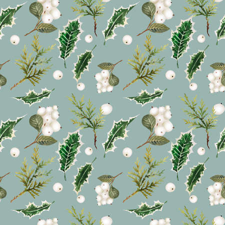 Watercolor christmas branches and snowberry pattern on grey backgroundの写真素材