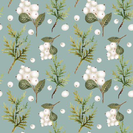 Watercolor christmas branches and snowberry pattern on green backgroundの写真素材