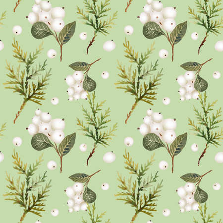 Watercolor christmas branches and snowberry pattern on olive backgroundの写真素材