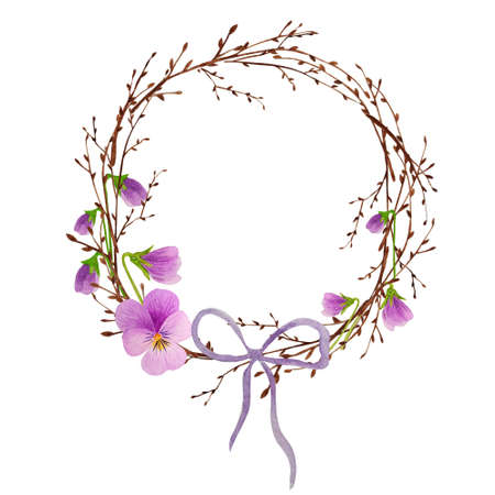 Watercolor spring wreath isolated with birch twigs and flowersの写真素材
