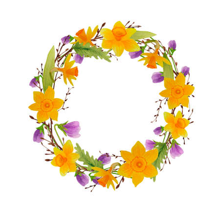 Watercolor spring wreath isolated with birch twigs and flowersの写真素材