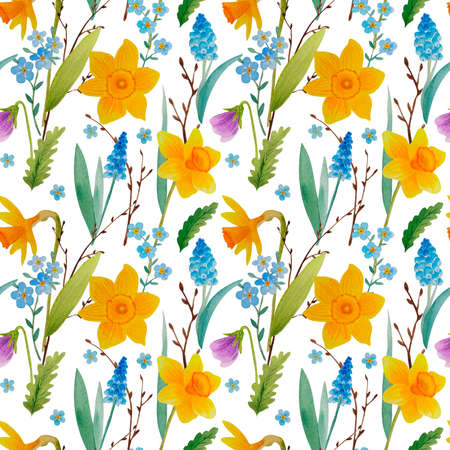 Watercolor seamless pattern with pansies and spring flowers