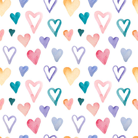 watercolor seamless pattern with color heartsの写真素材