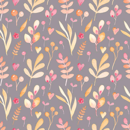 watercolor seamless pattern with simple peach floral elements on grey background