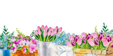 watercolor banner of spring flower bouqets in cup, jug and wooden box, birdhouseの写真素材