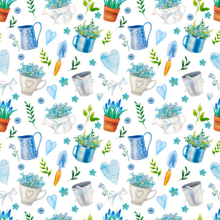 watercolor spring seamless pattern with flowers and garden elemementsの写真素材
