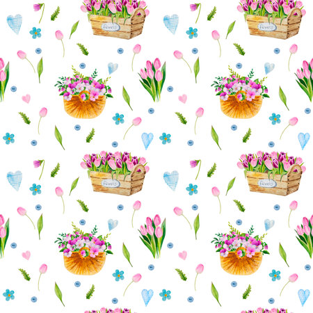 watercolor spring seamless pattern with flowers and garden elemementsの写真素材