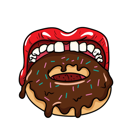 Chocolate glazed donut in the beginning of eating, New, One bite, Part of donut, One piece with crumbs. Ornate lettering bakery. Handmade cartoon style. Vector illustrationのイラスト素材