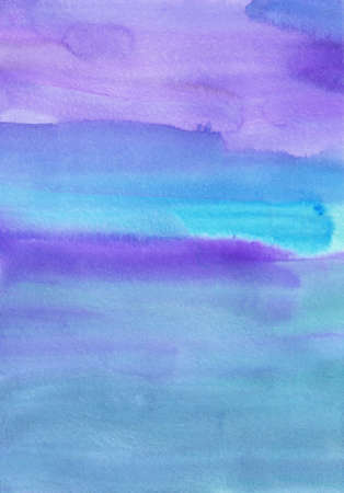 Watercolor violet and blue background painting, brush strokes on paper. Liquid watercolor stains backdrop.の写真素材