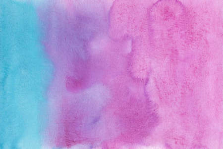 Watercolor deep pink, purple and blue ombre background texture. Stains on paper, hand painted. Beautiful artistic watercolor wallpaper. liquid backdrop.の写真素材