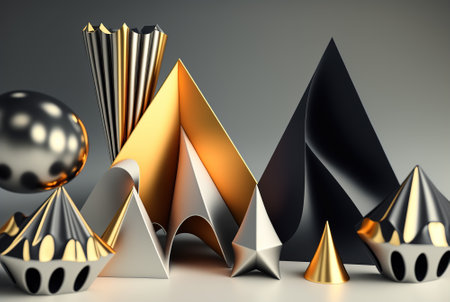 3D render abstract geometric background, gold and silver creative shapesの素材