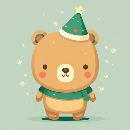 Cute bear Christmas 2D illustration, New Year cartoon teddy-bear drawingの素材
