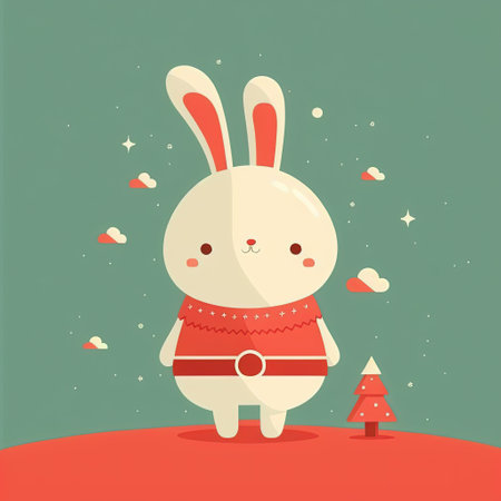 Kawaii bunny Christmas 2D illustration, New Year cartoon rabbit iconの素材