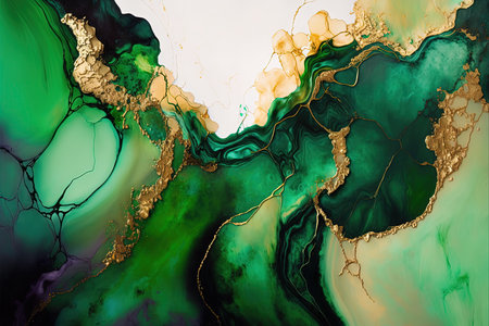 Abstract acohol ink art green and gold background. AI generated.の素材
