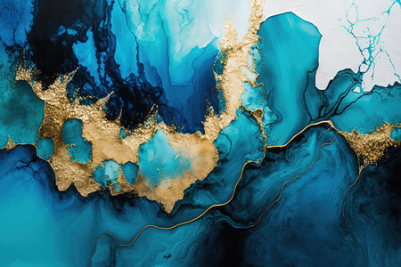 Abstract acohol ink art blue and gold background. AI generated.の素材