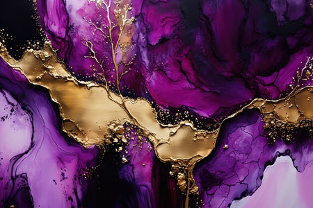 Marble ink abstract art purple and gold background. AI generatedの素材