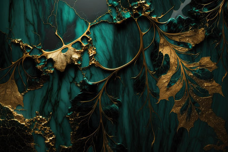 Emerald green and gold marble background. Invitation, card backdrop, banner.の素材