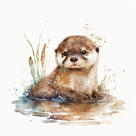Watercolor otter illustration isolated on white background.の素材