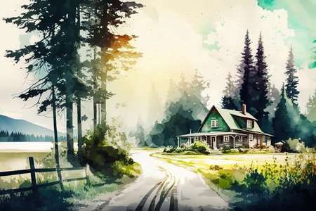 Watercolor summer landscape painting. Forest, house and meadow. AI generatedの素材