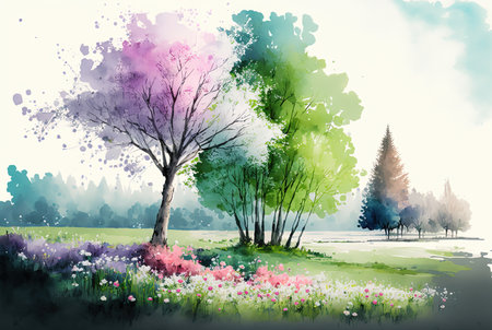 Watercolor spring landscape painting. Trees, flowers and meadow.の素材