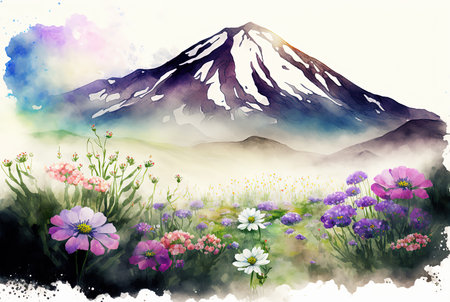 Watercolor spring landscape painting.の素材
