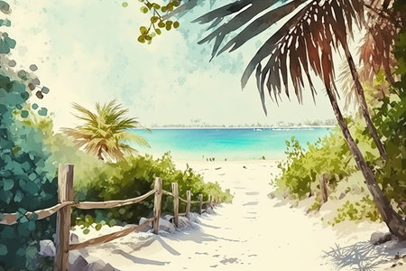 Watercolor tropical sea landscape painting. Maldives beach illustration. AI generatedの素材