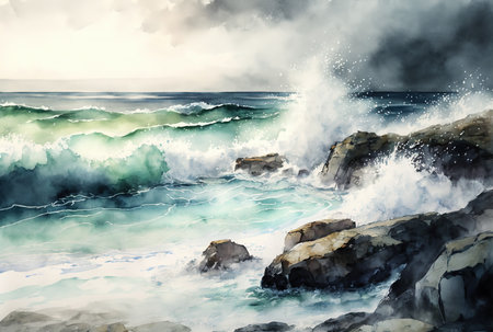 Watercolor sea landscape painting. Clouds, waves, stormの素材