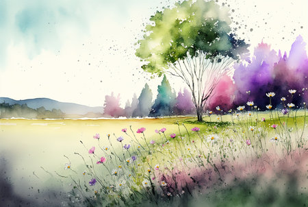 Watercolor spring landscape painting. Trees, flowers and meadow.の素材
