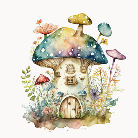Watercolor magical mushroom house illustration on white background. AI generatedの素材