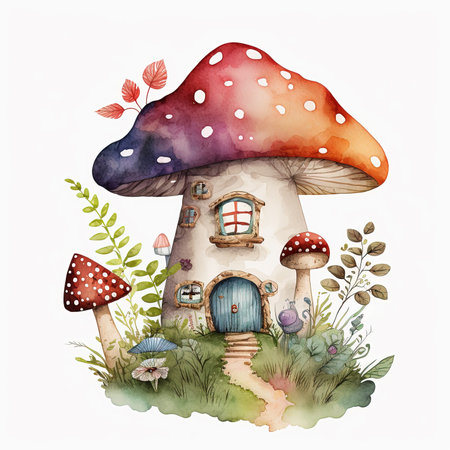 Watercolor fantasy mushroom house illustration on white background. AI generatedの素材