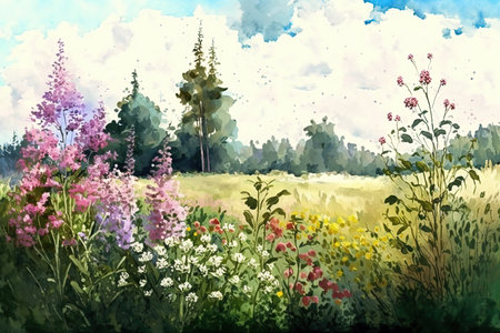 Watercolor summer landscape illustration, trees, meadow and flowers. AI generatedの素材